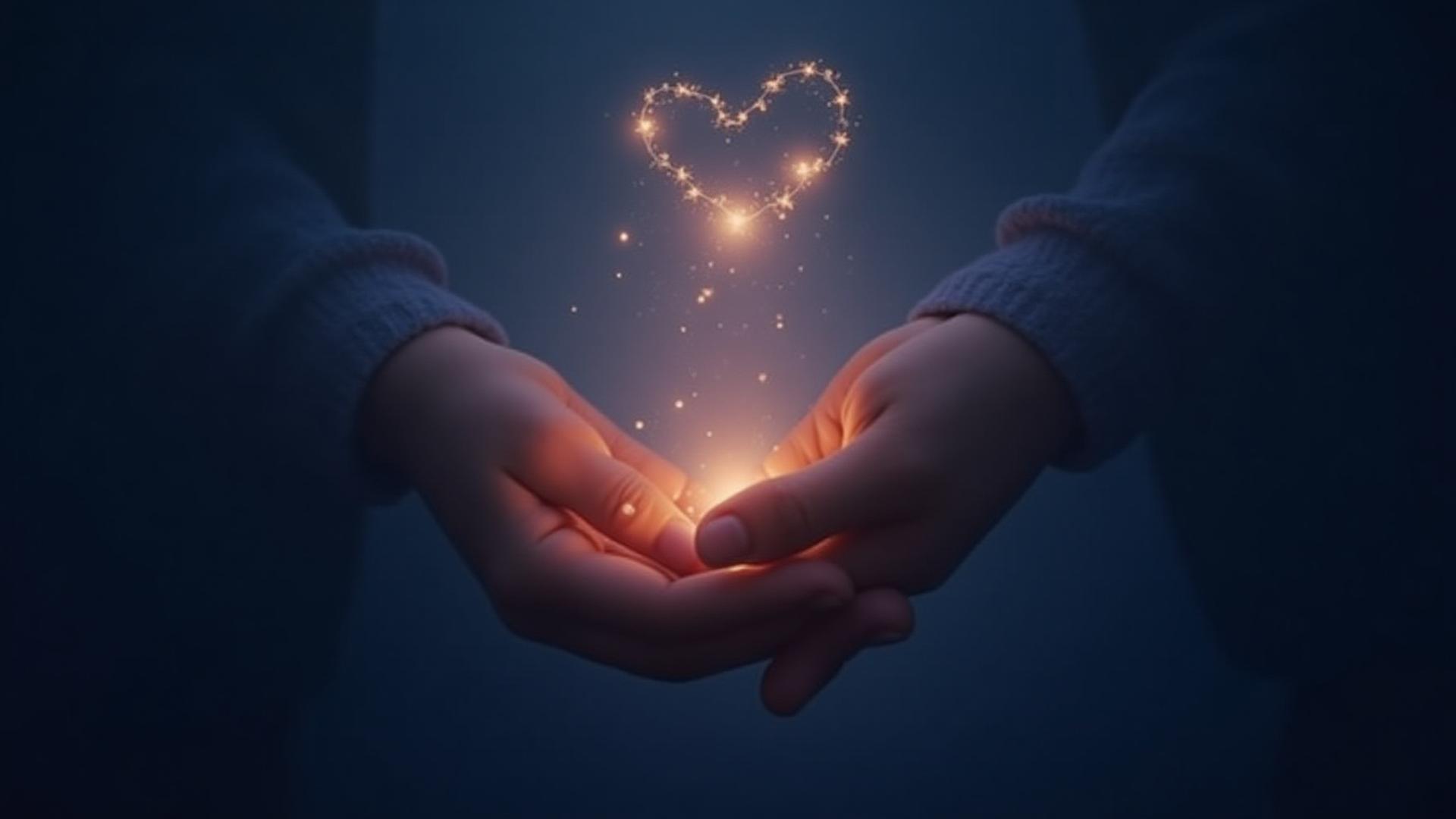 Zwei Hände halten sich zärtlich mit einer stilisierten Herz-Konstellation im Hintergrund, die Liebe und astrologische Verbindung symbolisiert.